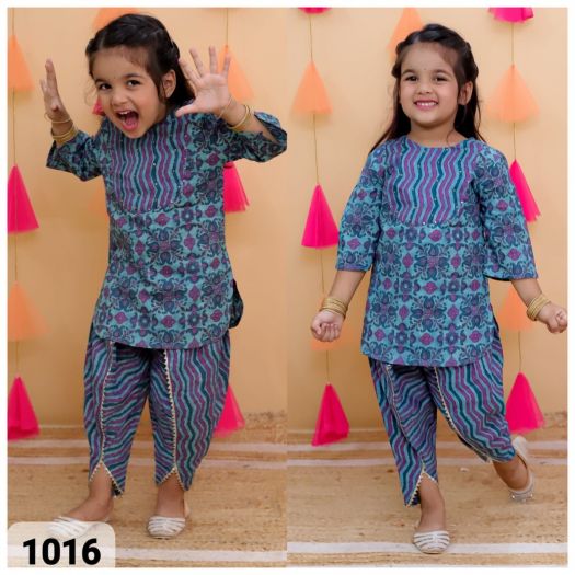 Girls Pure cotton Printed Kurta with dhoti set-Dark blue