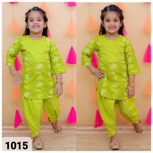 Girls Pure cotton Printed Kurta with dhoti set- Green
