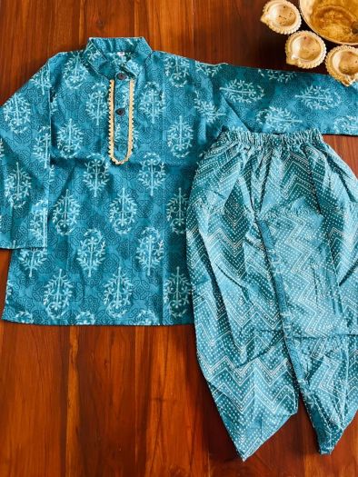Pure cotton Printed Kurta with printed dhoti sets-Green