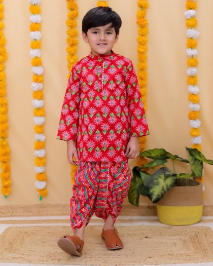 Pure cotton Printed Boys Kurta with printed dhoti set-Red
