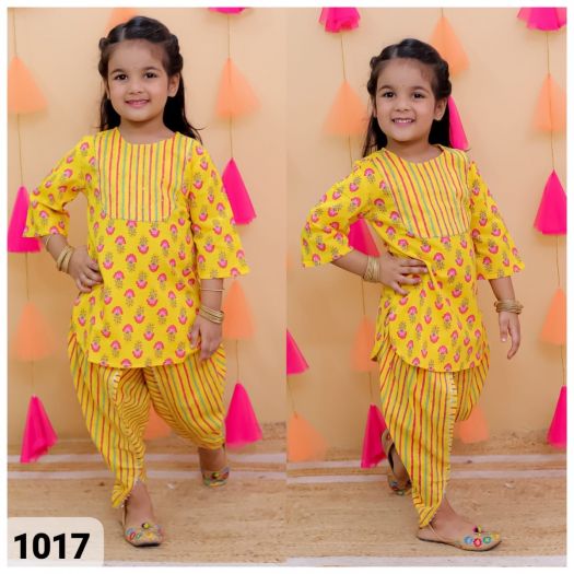 Girls Pure cotton Printed Kurta with dhoti set-Yellow