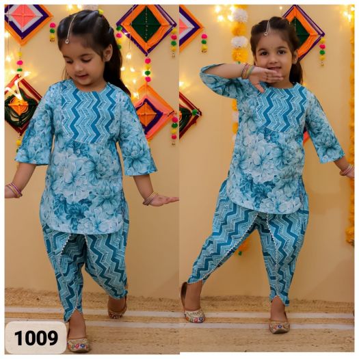 Girls Pure cotton Printed Kurta with dhoti set-Blue