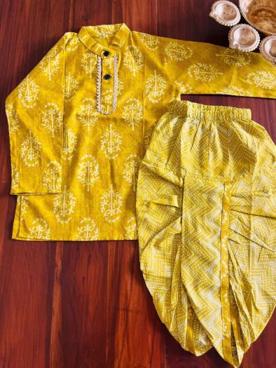 Pure cotton Printed Kurta with printed dhoti sets- Yellow 