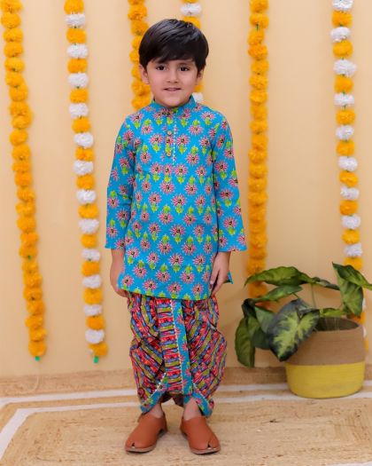 Pure cotton Printed Boys Kurta with printed dhoti set- Blue
