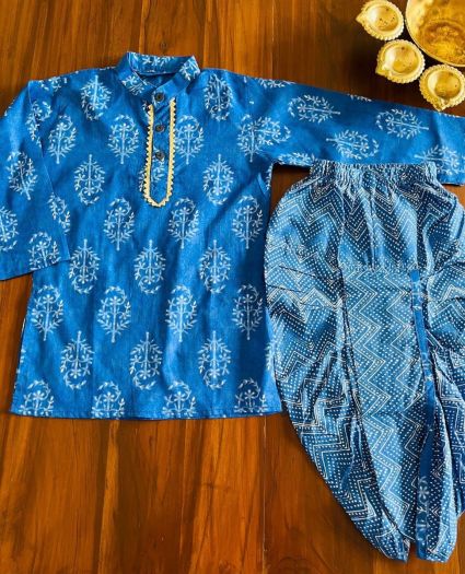Pure cotton Printed Kurta with printed dhoti sets- Blue