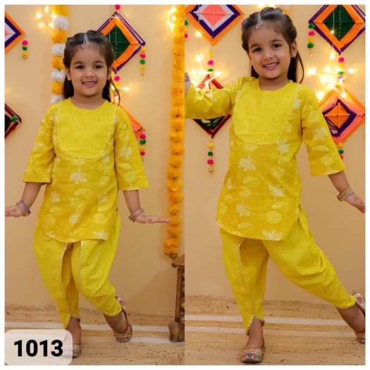 Girls Pure cotton Printed Kurta with dhoti set- Light Yellow 