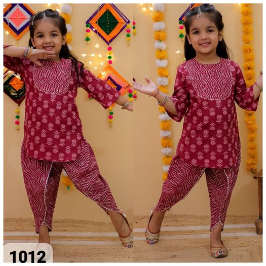 Girls Pure cotton Printed Kurta with dhoti set-Maroon