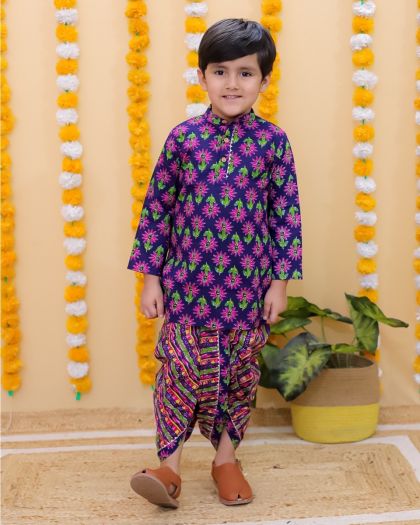 Pure cotton Printed Boys Kurta with printed dhoti set-Purple
