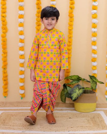 Pure cotton Printed Boys Kurta with printed dhoti set- Yellow