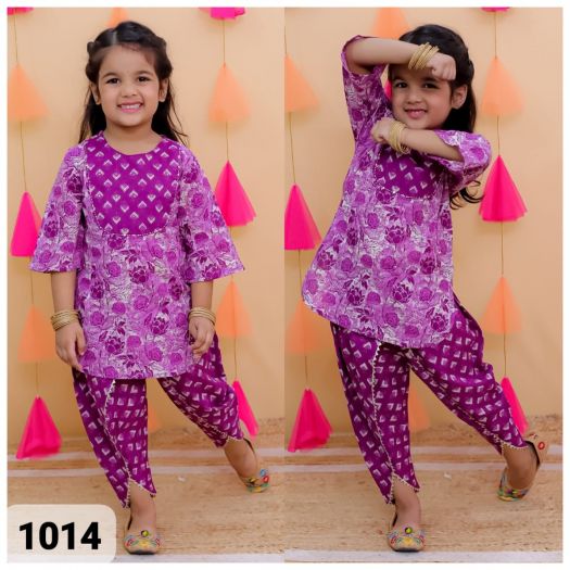 Girls Pure cotton Printed Kurta with dhoti set-Dark Pink