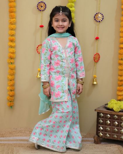 Pure cotton floral printed Ethnic style Kurta sharara with chiffon duppata- Green