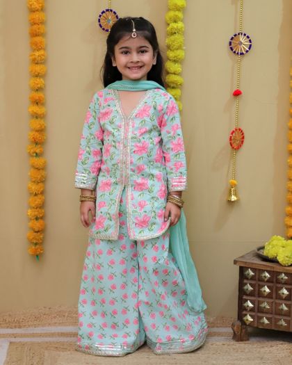 Pure cotton floral printed Ethnic style Kurta sharara with chiffon duppata- Green