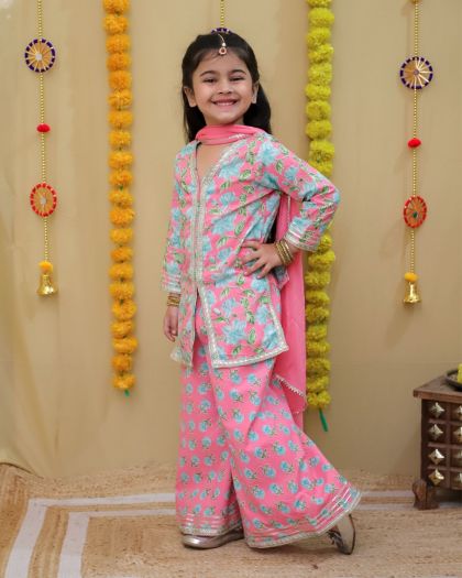 Pure cotton floral printed Ethnic style Kurta sharara with chiffon duppata - Pink