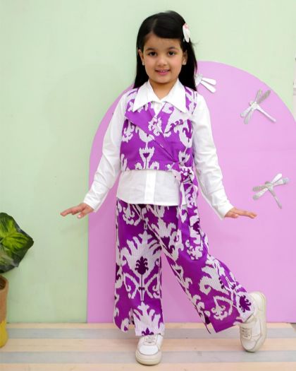 Elegant & Beautifully Styled Pure cotton 3piece Printed Cord set with Full sleeve white Cotton shirt , printed Waist cost and printed bottom set- Purple