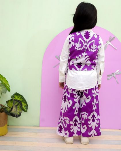 Elegant & Beautifully Styled Pure cotton 3piece Printed Cord set with Full sleeve white Cotton shirt , printed Waist cost and printed bottom set- Purple