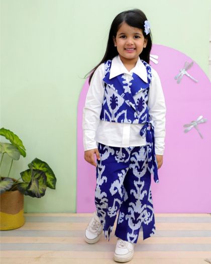 Elegant & Beautifully Styled Pure cotton 3piece Printed Cord set with Full sleeve white Cotton shirt , printed Waist cost and printed bottom set- Blue
