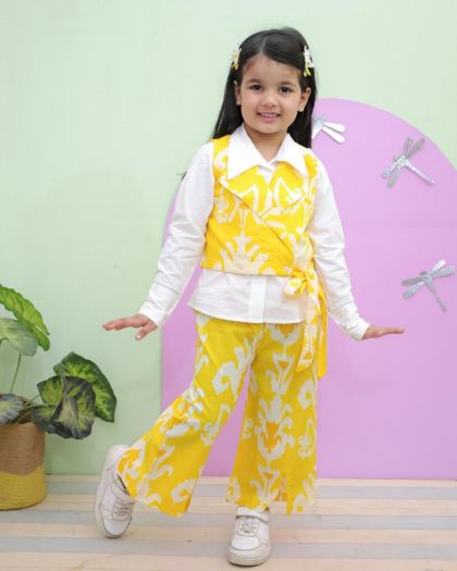 Elegant & Beautifully Styled Pure cotton 3piece Printed Cord set with Full sleeve white Cotton shirt , printed Waist cost and printed bottom set- Yellow