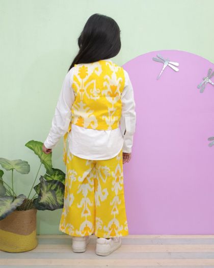 Elegant & Beautifully Styled Pure cotton 3piece Printed Cord set with Full sleeve white Cotton shirt , printed Waist cost and printed bottom set- Yellow