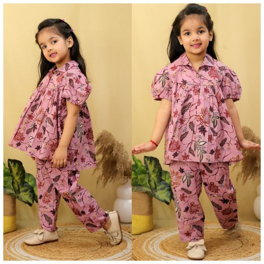 Pure cotton Printed Peplum Cord set with 2 openable buttons- Peach