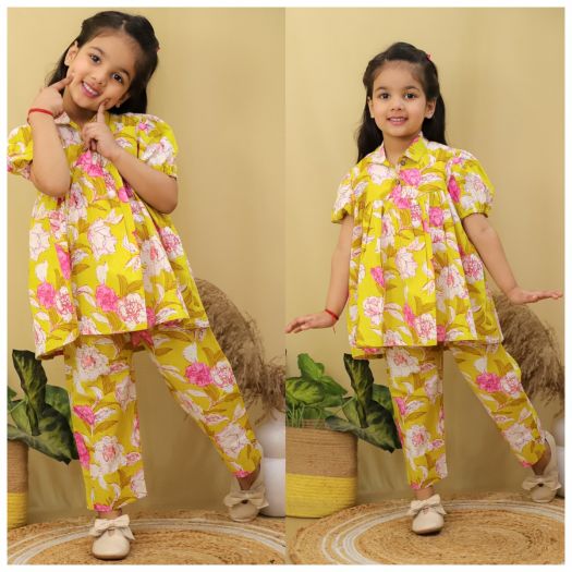Pure cotton Printed Peplum Cord set with 2 openable buttons- Yellow
