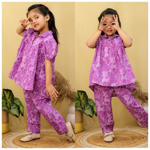Pure cotton Printed Peplum Cord set with 2 openable buttons- Pink