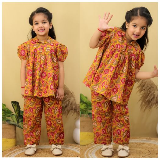 Pure cotton Printed Peplum Cord set with 2 openable buttons- Red
