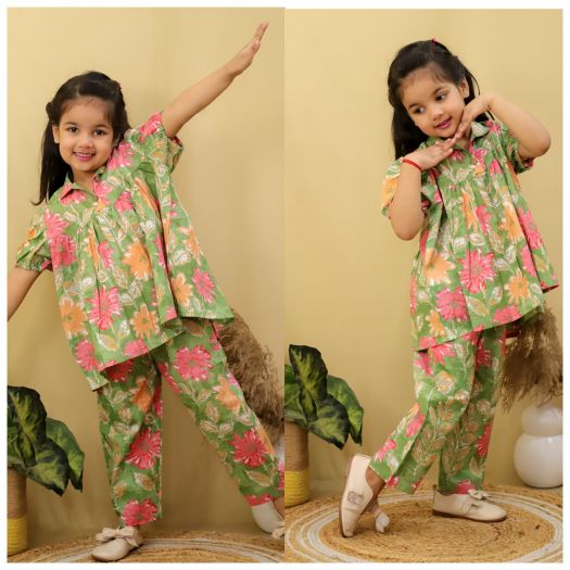Pure cotton Printed Peplum Cord set with 2 openable buttons- Green
