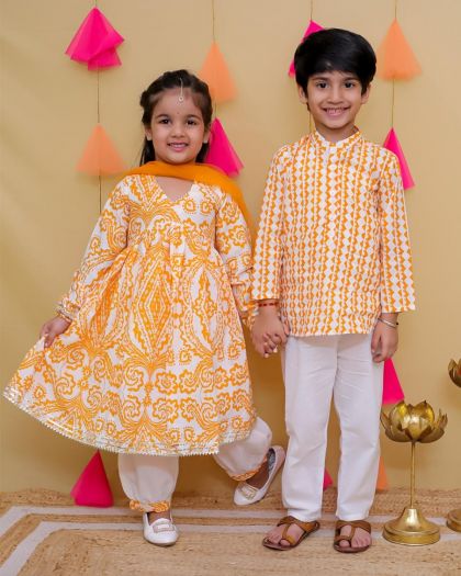 Girls Pure cotton Printed Kurta with afgani bottom paired with Net duppata and boys set- Yellow