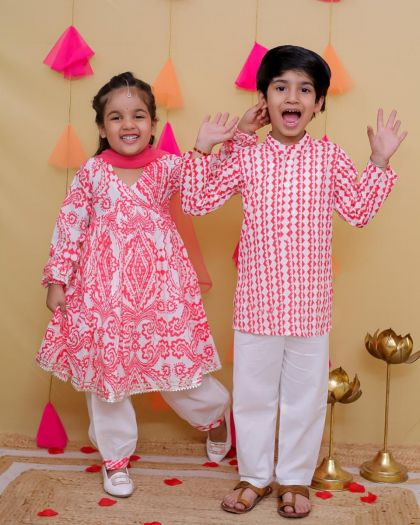 Girls Pure cotton Printed Kurta with afgani bottom paired with Net duppata and boy sets- pink
