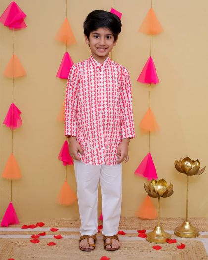 Girls Pure cotton Printed Kurta with afgani bottom paired with Net duppata and boy sets- pink